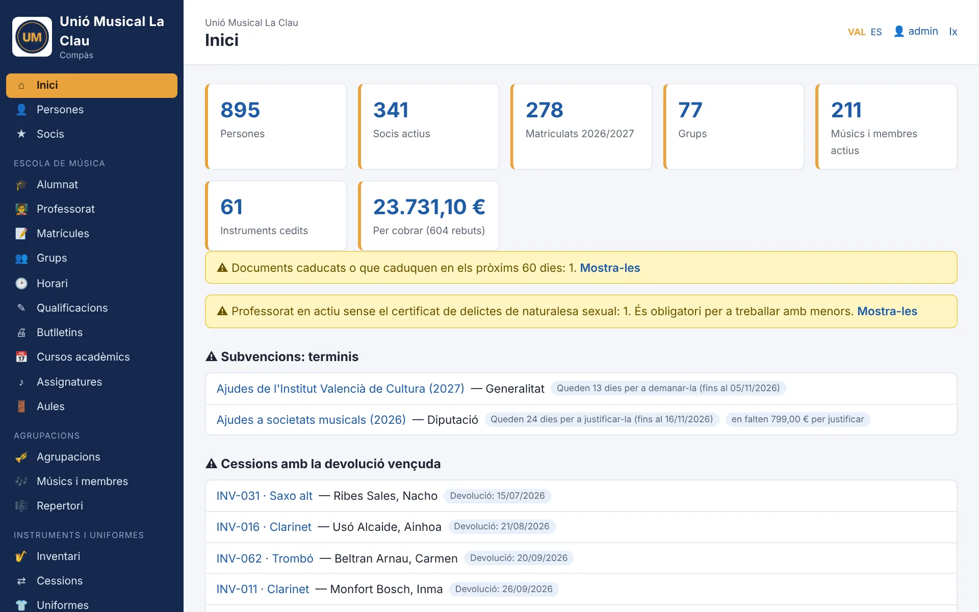La pantalla d'inici: el resum de l'entitat, les classes de hui i els avisos.